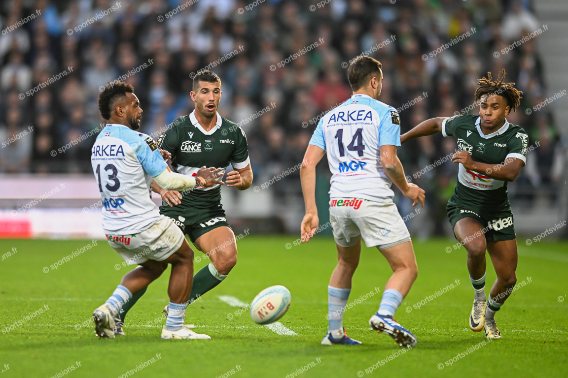 Nathan DECRON (13) and Theo ATTISSOGBE (11) Section Paloise - Sireli MAQALA (13) Aviron Bayonnais Rugby Pro