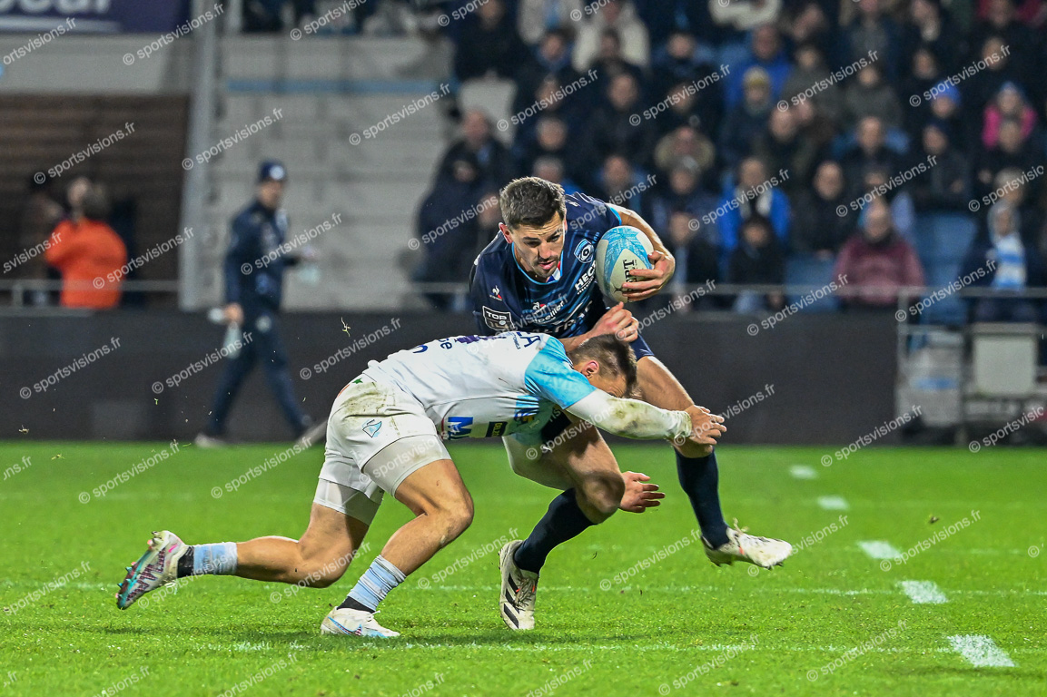 Anthony BOUTHIER (15) MHR  with ball - Bastien POURAILLY (14) Aviron Bayonnais Rugby Pro
